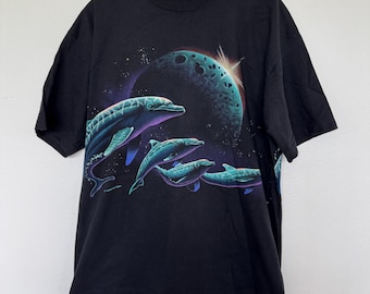 Vintage 90s Habitat Dolphin Space T-Shirt Mens Medium / Large All Over Print Galaxy Animal Tee Made In USA