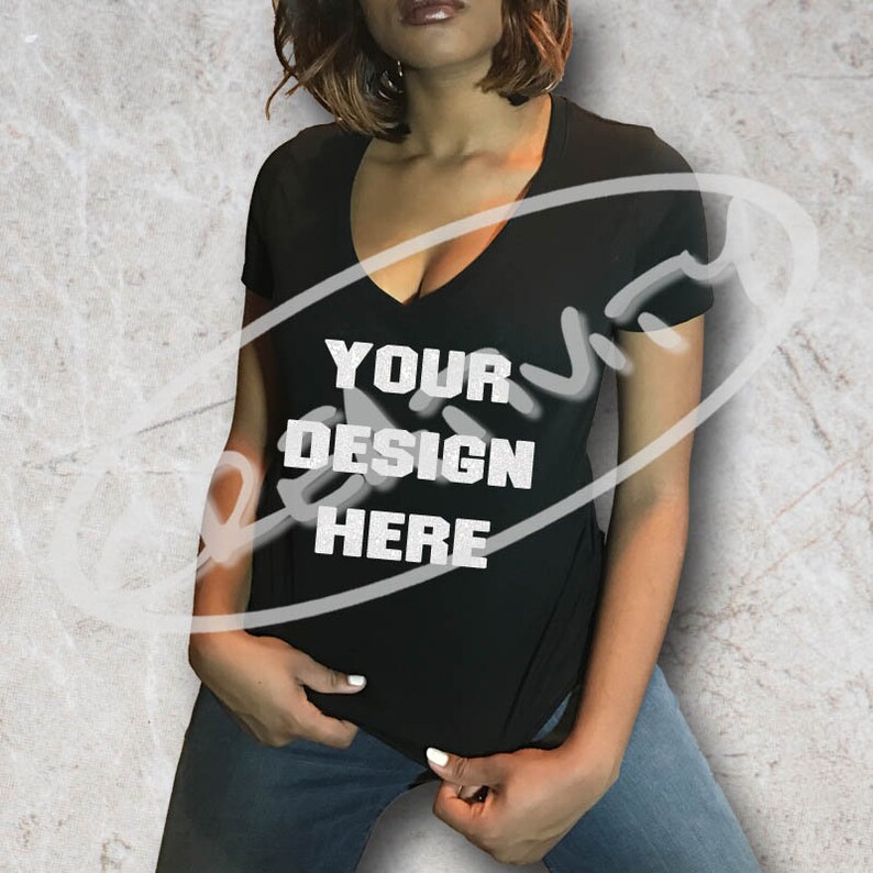 Download Black v-neck t-shirt mock up / JPG Download / Female Model / | Etsy