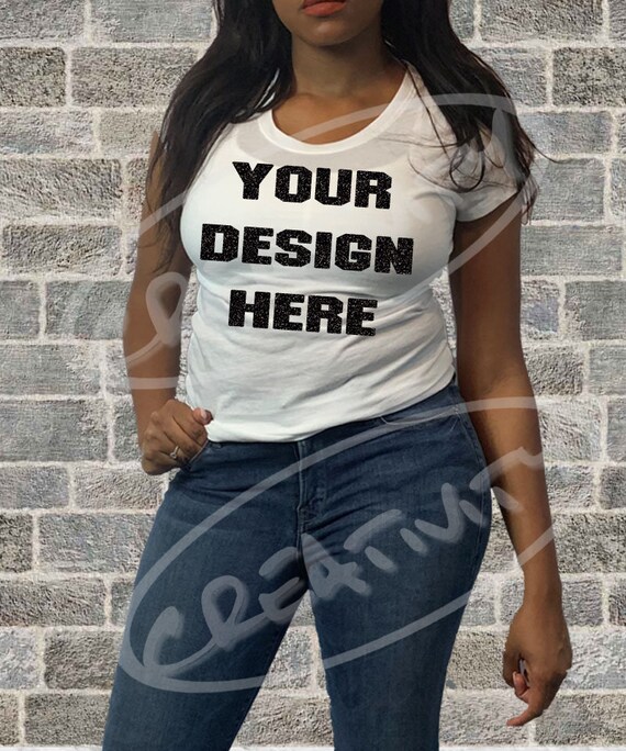 White T Shirt Mock Up Jpg Download Female Model Brick Etsy