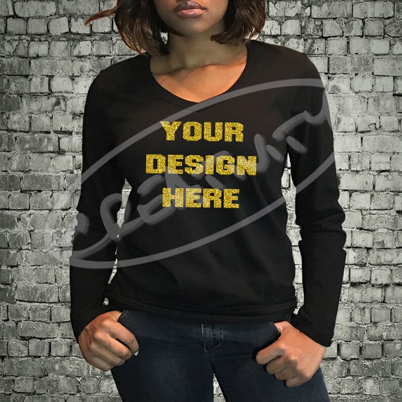 Black Long Sleeve V-neck T-shirt Mock-up / JPG Download / | Etsy