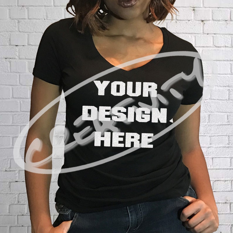 Download Black v-neck t-shirt mock up / JPG Download / Female Model ...