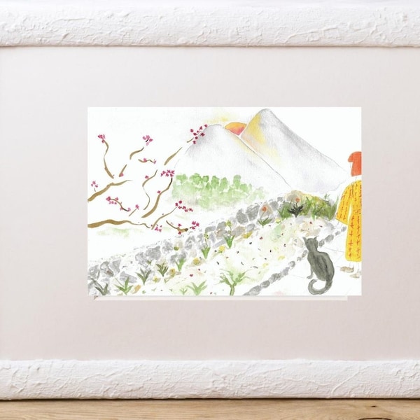 Sumi-E peint à la main aquarelle originale Art Impression Illustration d’une fille avec chat à Mountain Sunset Téléchargement numérique Imprimer l’art original