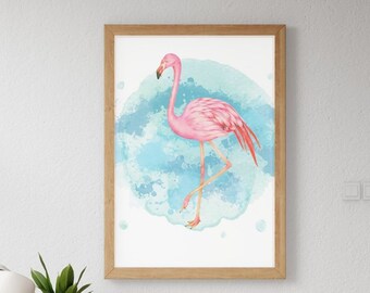 May include: A watercolor painting of a pink flamingo standing on one leg against a blue watercolor background. The flamingo is in a circle shape with a white background.
