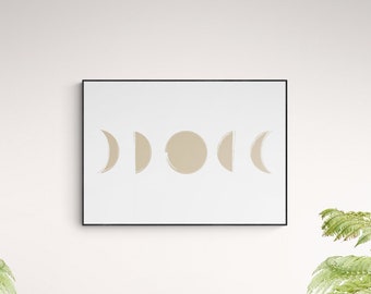 Impresión de arte de pared con fases de la luna abstractas en tonos beige, arte de pared abstracto moderno, fases de la luna, póster de luna imprimible digitalmente, descarga