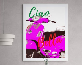 Italian Scooter Poster to Download And Print , Mid Century Modern Wall Art Digital Download Poster With Italy Vespa Piaggio Theme, Cafe Art
