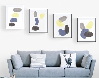 4 formas abstractas de arte mural, arte mural índigo, arte gris y amarillo, arte azul índigo imprimible, póster minimalista moderno en azul pastel, impresión digital