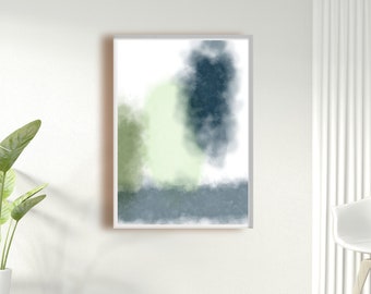 Lámina artística abstracta en acuarela, tonos índigo, beige y crema, decoración minimalista para el hogar (descarga digital)