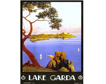 May include: Vintage travel poster advertising Lake Garda in Italy. The poster features a scenic view of the lake with a tree in the foreground and a small island in the distance. The text "LAKE GARDA" is printed in white letters on a black background.
