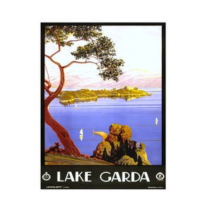 May include: Vintage travel poster advertising Lake Garda in Italy. The poster features a scenic view of the lake with a tree in the foreground and a small island in the distance. The text "LAKE GARDA" is printed in white letters on a black background.