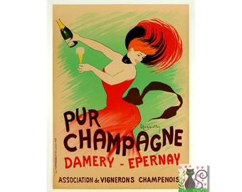 Puede incluir: Póster vintage que anuncia "Pur Champagne" de Damery-Epernay, con una mujer con un vestido rojo y un gran sombrero rojo, sosteniendo una copa de champán y una botella de champán. El póster tiene un fondo verde y el texto "Association de Vignerons Champenois" está en la parte inferior.