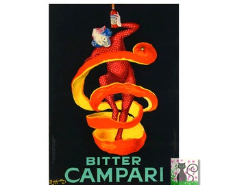 May include: Vintage Campari advertisement featuring a figure in a red polka-dot suit holding a bottle, surrounded by an orange peel against a black background. The text "BITTER CAMPARI" is displayed in green.