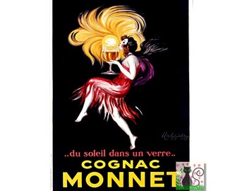 May include: Vintage poster advertising Cognac Monnet with a woman in a red dress holding a glass of cognac. The poster features the text "...du soleil dans un verre... COGNAC MONNET".