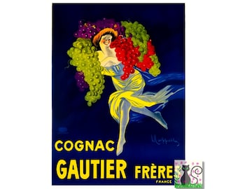 May include: Vintage poster advertising Cognac Gautier Frère, a French cognac brand. The poster features a woman in a yellow dress surrounded by bunches of grapes against a dark blue background. The text "Cognac Gautier Frère France" is printed in yellow at the bottom of the poster.