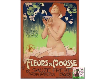 Perfume Poster, Fleurs De Mouse, Vintage French Perfume, Art Nouveau Vintage Cosmetics Ad, Bedroom Bathroom Scent Poster, Instant Download