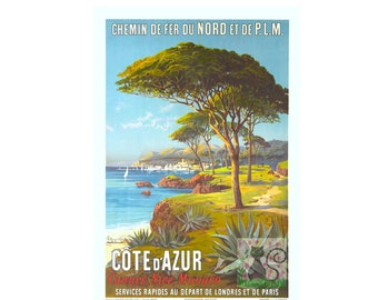 La Cote d'Azur Vintage Art Nouveau Travel Poster, Retro World Travel Print, Reproducción de arte Descarga digital instantánea, Cartel de turismo