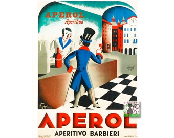 Puede incluir: Un anuncio vintage de Aperol Aperitivo Barbieri. El anuncio presenta a un hombre con un sombrero de copa y un abrigo azul de pie en un bar, con un edificio rojo en el fondo. El texto "Aperol Aperitivo Barbieri" está impreso en letras rojas y blancas.