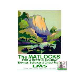 El anuncio de viaje ferroviario vintage de Matlocks LMS, cartel de viaje de Peak District, impresión de cartel de turismo de Derbyshire, descarga digital, turismo del Reino Unido