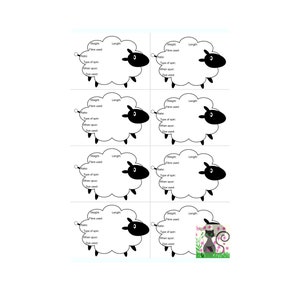 May include: Eight black and white sheep silhouettes with labels for weight, fibre used, ratio, type of spin, when spun, and dye used. The sheep are arranged in four rows of two. The bottom right sheep is partially obscured by a black cat with a pink flower crown in a field of pink flowers.