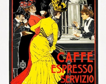 Póster de café vintage, servicio instantáneo de café expreso, anuncio de café italiano vintage Art Nouveau, descarga digital instantánea