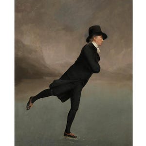 May include: An oil painting of a man ice skating. The man is wearing a black coat, hat, and tights, with a white cravat. He is skating on a gray surface, with a cloudy sky in the background.