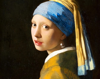 May include: A painting of a woman wearing a blue and yellow headscarf with a large pearl earring. The woman is looking to the left of the viewer and has a soft expression on her face.
