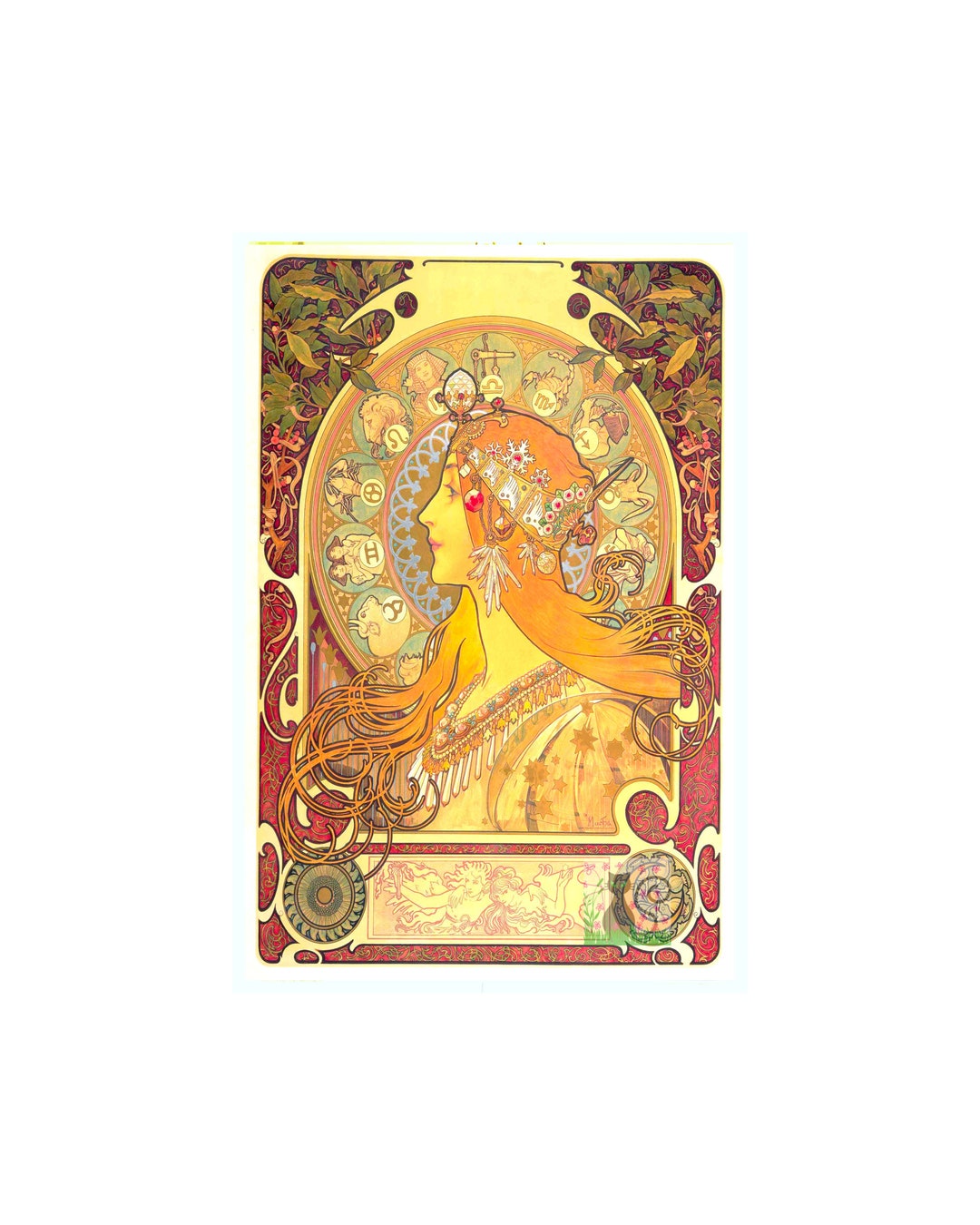 Vintage Alphonse Mucha Zodiac Print , Art Nouveau Poster of the Zodiac