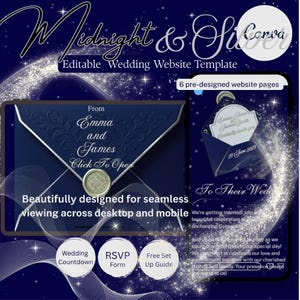 May include: A digital wedding website template titled Midnight & Silver featuring a dark blue background with silver accents. The design includes an envelope graphic with a wax seal, a mobile interface showing invitation text, and icons for a countdown and RSVP.