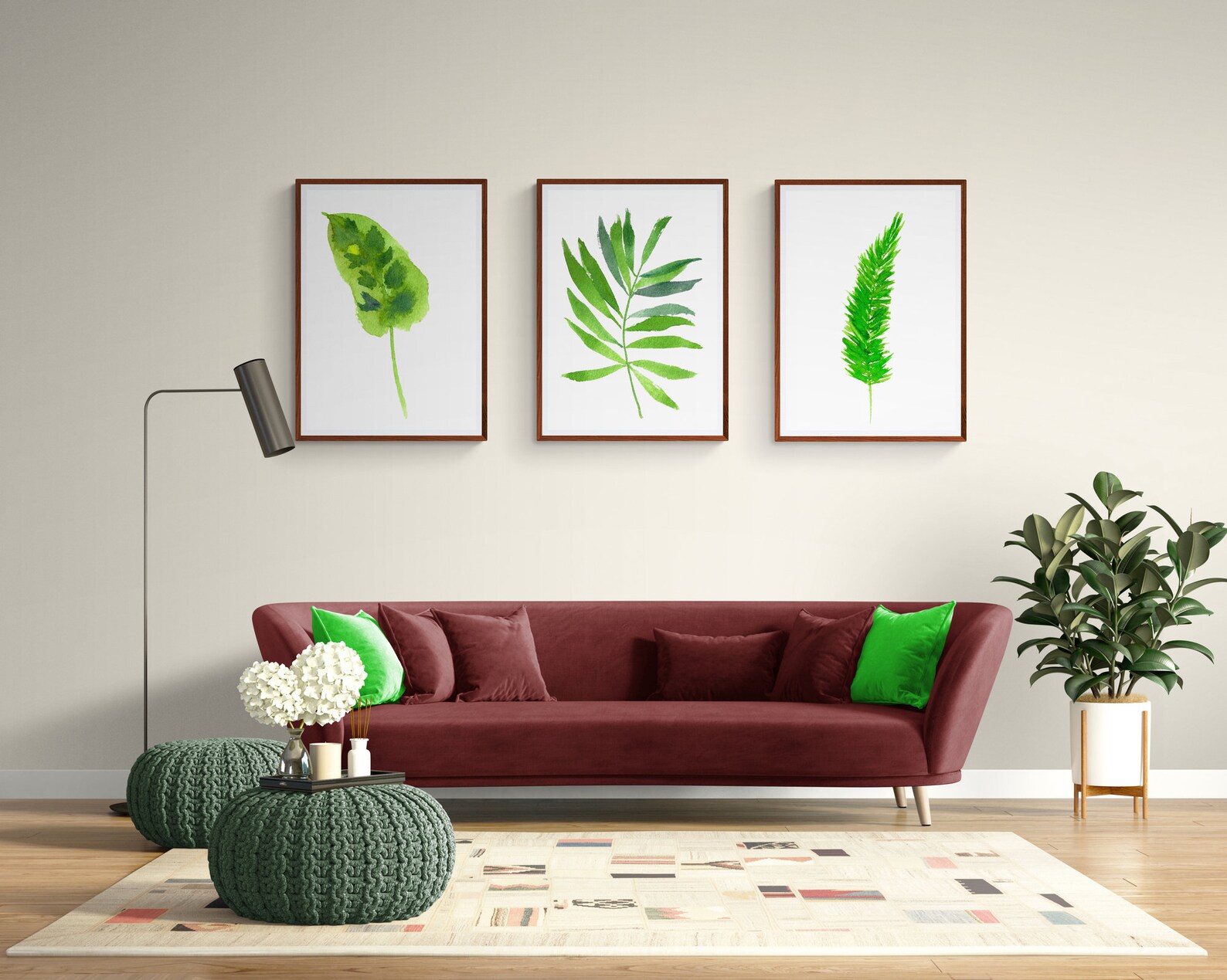3 Piece Leaf Watercolour Print Set of Three Hand Painted Green Leaves ...