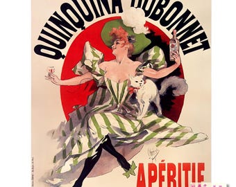 May include: A vintage poster advertising Quinquina Dubonnet aperitif. The poster features a woman in a green and white striped dress holding a glass of wine and a bottle of Dubonnet. The woman is sitting on a red circle with the text "Quinquina Dubonnet" in a black circle around it. The text "Apéritif" is in red letters below the woman and the text "Dans tous les Cas" is in black letters below that.