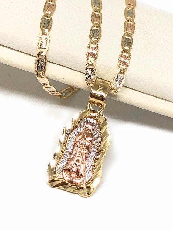 14K Tri Color Gold Diamond Cut Jesus Crucifix Stamp Charm Pendant with 0.9mm Wheat Chain Necklace