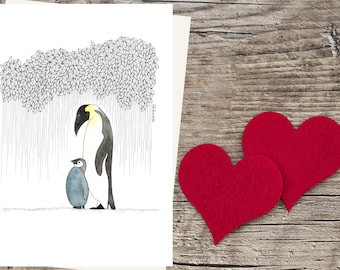 Illustration penguins on recycled paper in postcard format, Sweet penguins