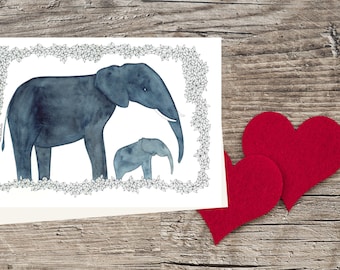 Illustration elephants on recycled paper in postcard format, Sweet complicity