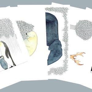 Lot illustrations animaux sur papier recyclé au format carte postale