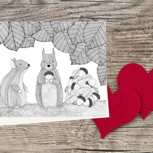 Illustration écureuils en noir et blanc sur papier recyclé, Maman m'a dit qu'il est important d'avoir un véritable ami.