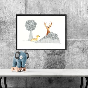 Deer and fawn illustration in watercolor and Indian ink, to frame to decorate its interior.