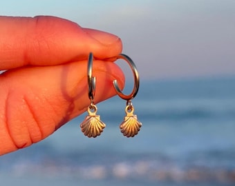14k Gold Filled Seashell Hoop Earrings: Waterproof Beach Jewelry