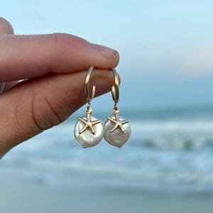starfish & mother of pearl hoop earrings, waterproof beach earrings, 14k gold filled hoops, beach lover earrings, beach hoops