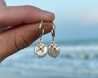 starfish & mother of pearl hoop earrings, waterproof beach earrings, 14k gold filled hoops, beach lover earrings, beach hoops