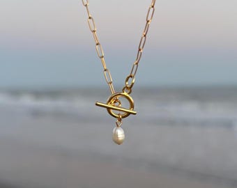pearl toggle necklace, 14k gold filled dainty waterproof jewelry