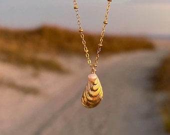 oyster shell & pearl charm necklace, 14k gold filled oyster beach jewelry