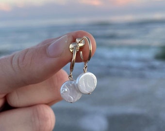 mother of pearl hoop earrings, waterproof pearl earrings, 14k gold filled hoops, everyday earrings, beach lover