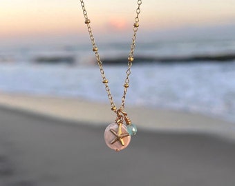 aquamarine necklace, mother of pearl and starfish necklace, ocean lover necklace, beach lover jewelry