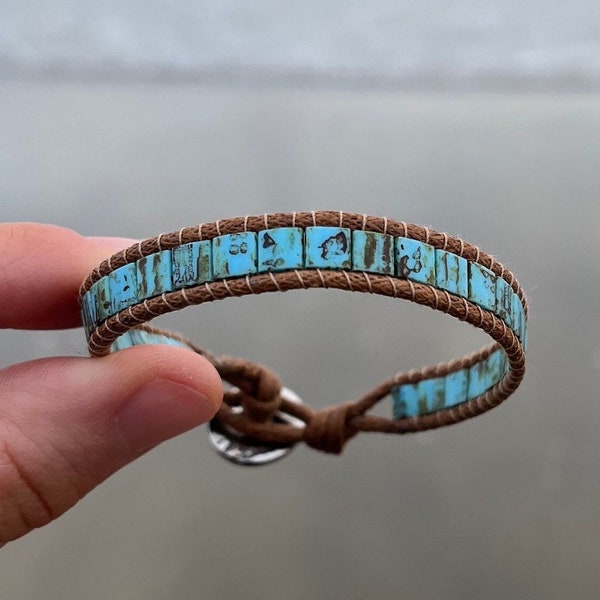 Turquoise vegan wrap bracelet, Beach hippie beaded wrap bracelet