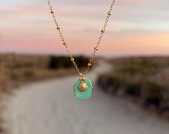 14k gold filled turquoise seashell necklace, boho beach jewelry