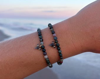 green jasper shark tooth bracelet, beachy ocean lover jewelry