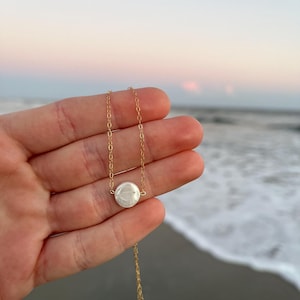 14k Gold Filled Mother of Pearl Necklace - Dainty Coin Pearl