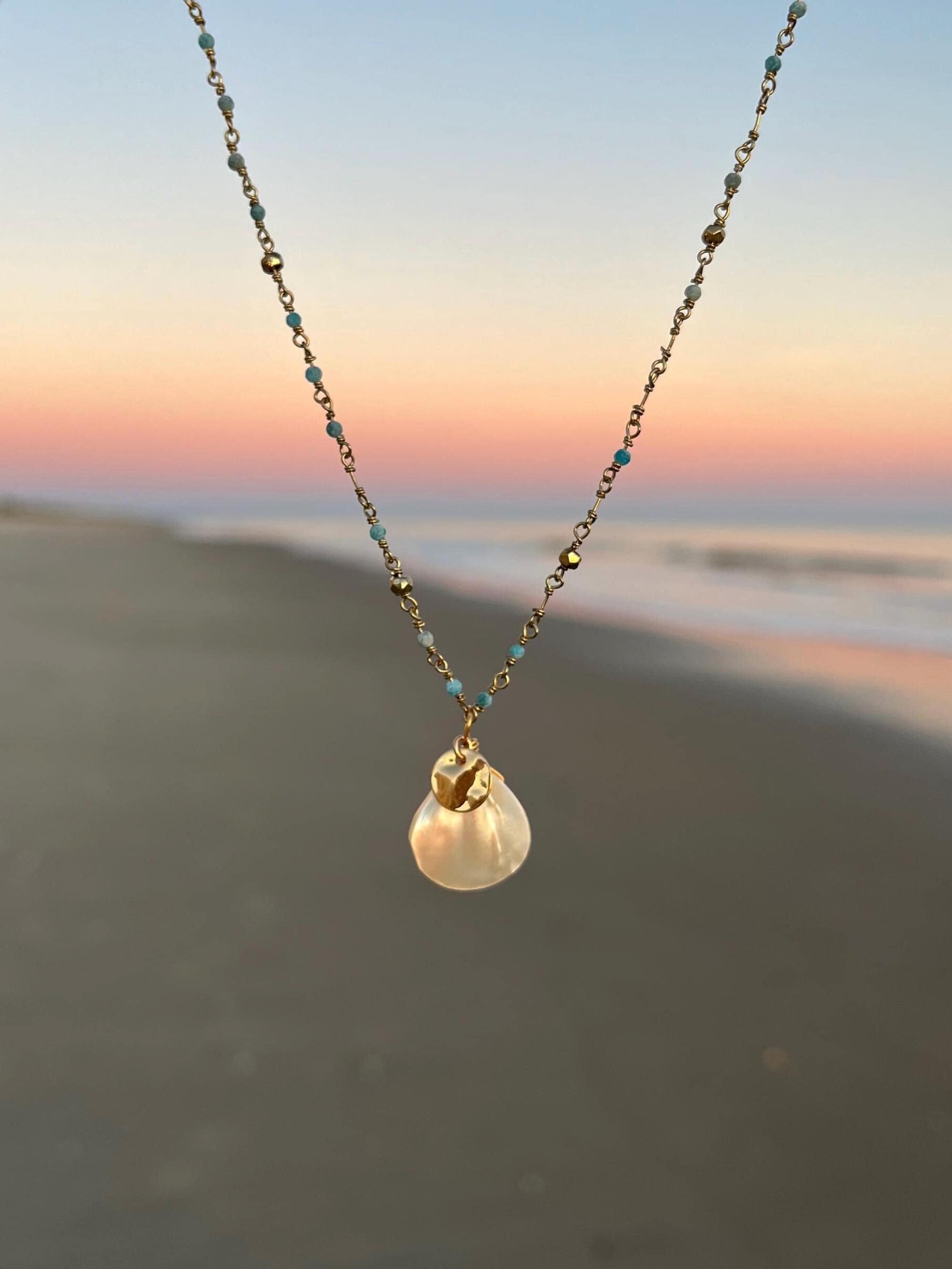gemstone mother of pearl necklace, bohemian beach necklace, turquoise and pyrite gemstone necklace, charm necklace