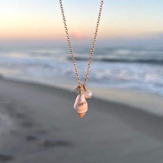 14k Gold Filled Shell Necklace: Pearl & Amazonite Charm