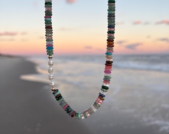colorful gemstone beaded necklace with freshwater pearls, 14k gold filled