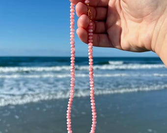 pink mother of pearl gemstone necklace, colorful layering necklace